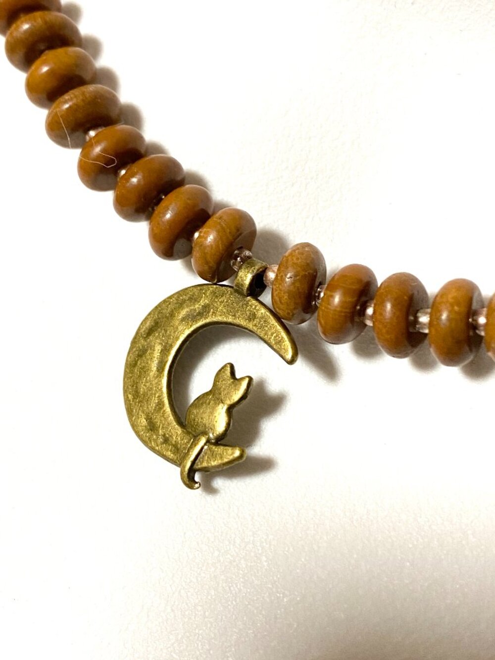 Earthy Jasper Short Necklace, Gemstone & Bronze Cat on the Moon Pendant